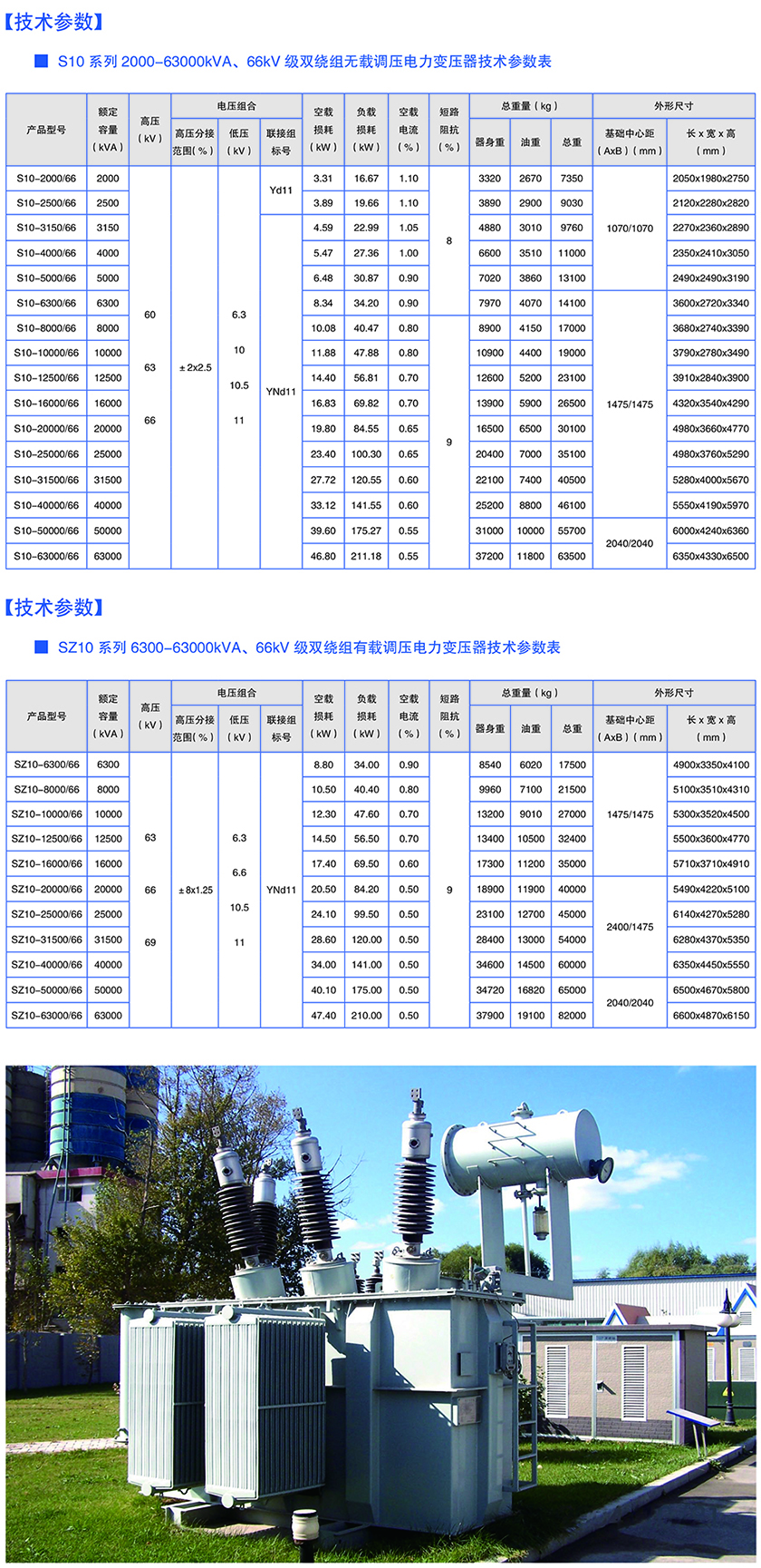 66kV电力变压器技术参数